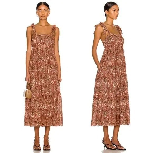 Ulla Johnson Cordelia Floral Tiered Midi Dress Smocked Tie Strap Rosebud Brown 4